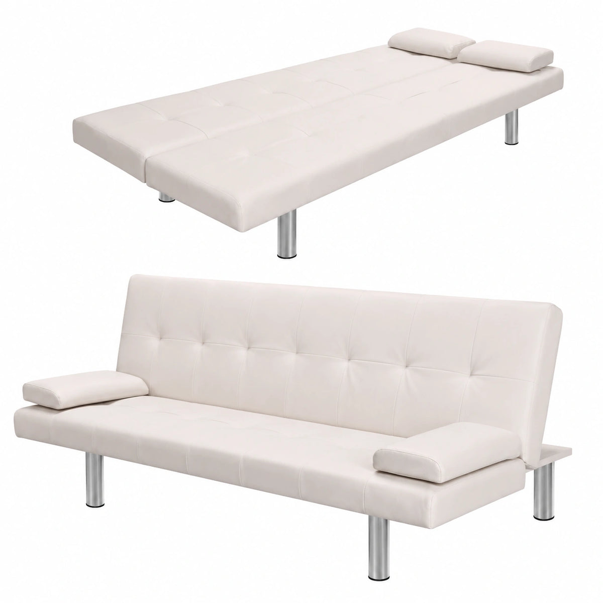 Divano Letto Regolabile in Similpelle Crema con Cuscini Inclusi, Design Elegante e Confortevole, Perfetto per Ogni Arredamento