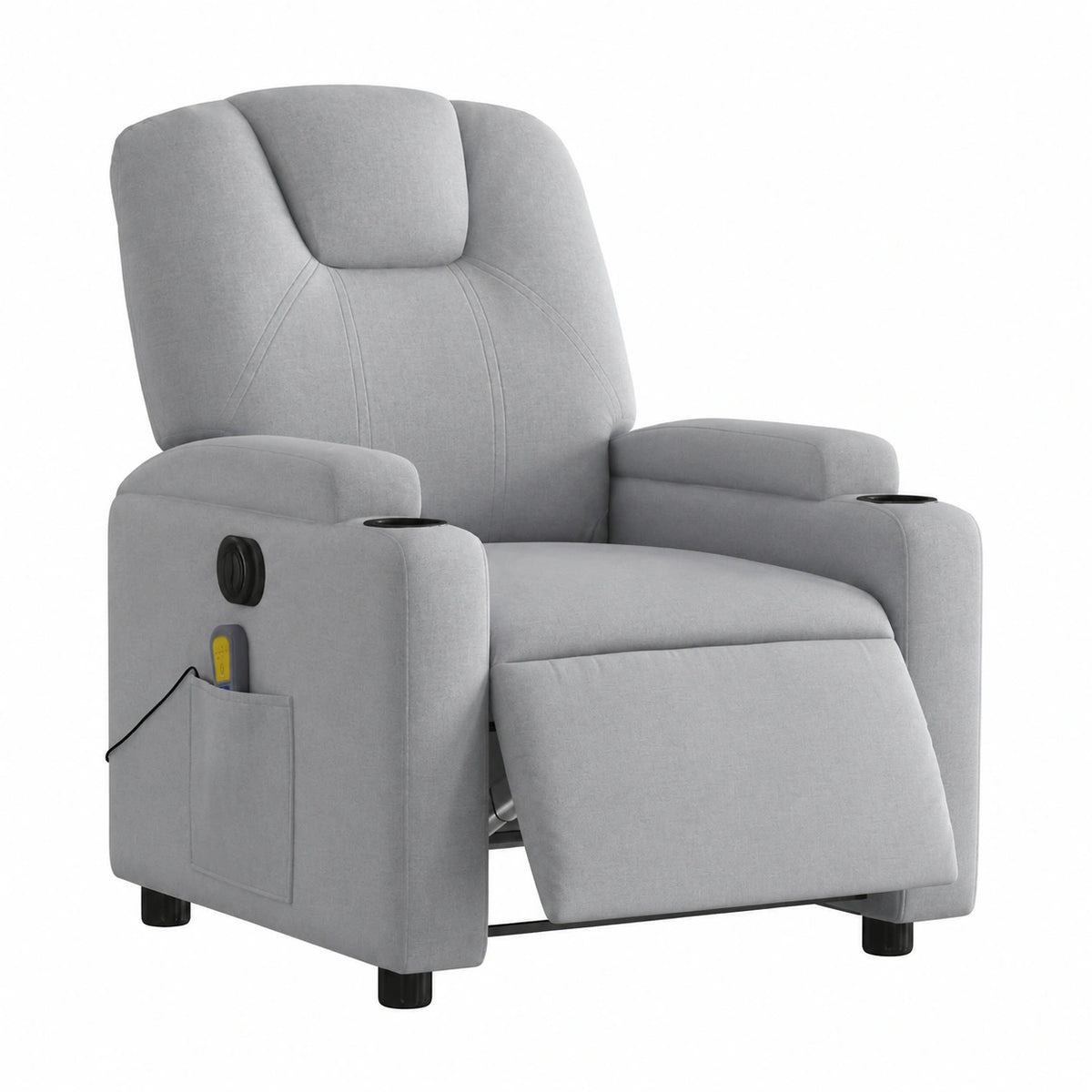Poltrona elettrica relax in tessuto grigio chiaro con reclinazione regolabile, ideale per soggiorno e balcone, include portabevande e telaio stabile