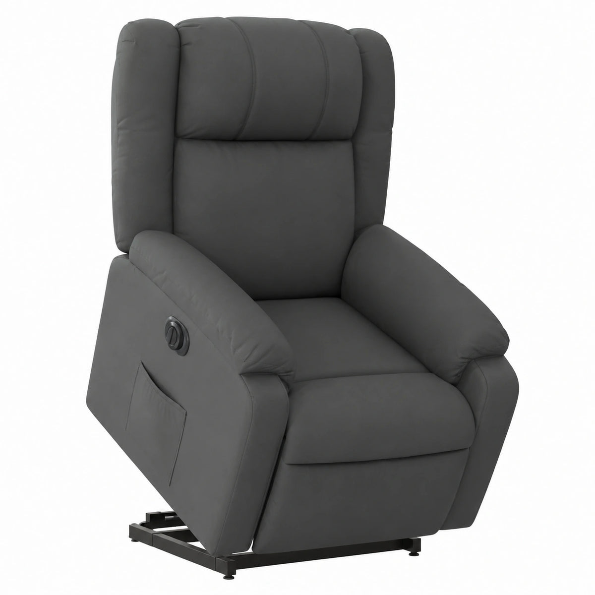Poltrona elettrica reclinabile in tessuto grigio scuro con funzione alzapersona, 77x95x99 cm, inclinazione fino a 135°, struttura robusta, ideale per soggiorno e ufficio