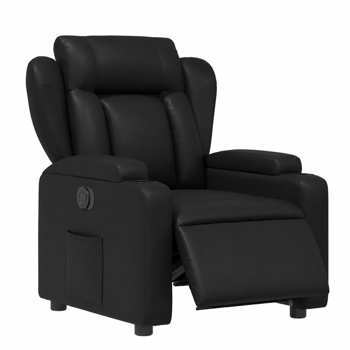 Poltrona elettrica relax in ecopelle nera con reclinazione a 135°, porta bicchiere e tasca laterale per salotto