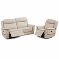 Set Divano 3 posti e Poltrona Adelio in Pelle Beige con Relax Elettrico e Porta USB