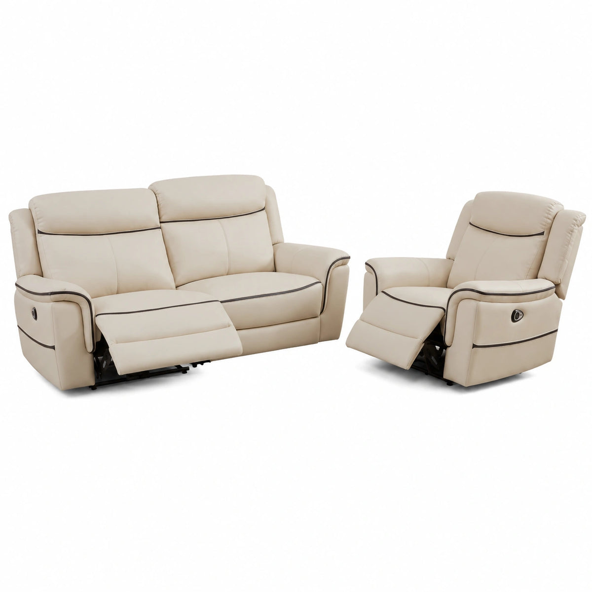 Set Divano 3 posti e Poltrona Adelio in Pelle Beige con Relax Elettrico e Porta USB