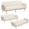 Divano Letto Convertibile 3 Posti in Velluto Beige con Struttura in Legno e Gambe in Metallo