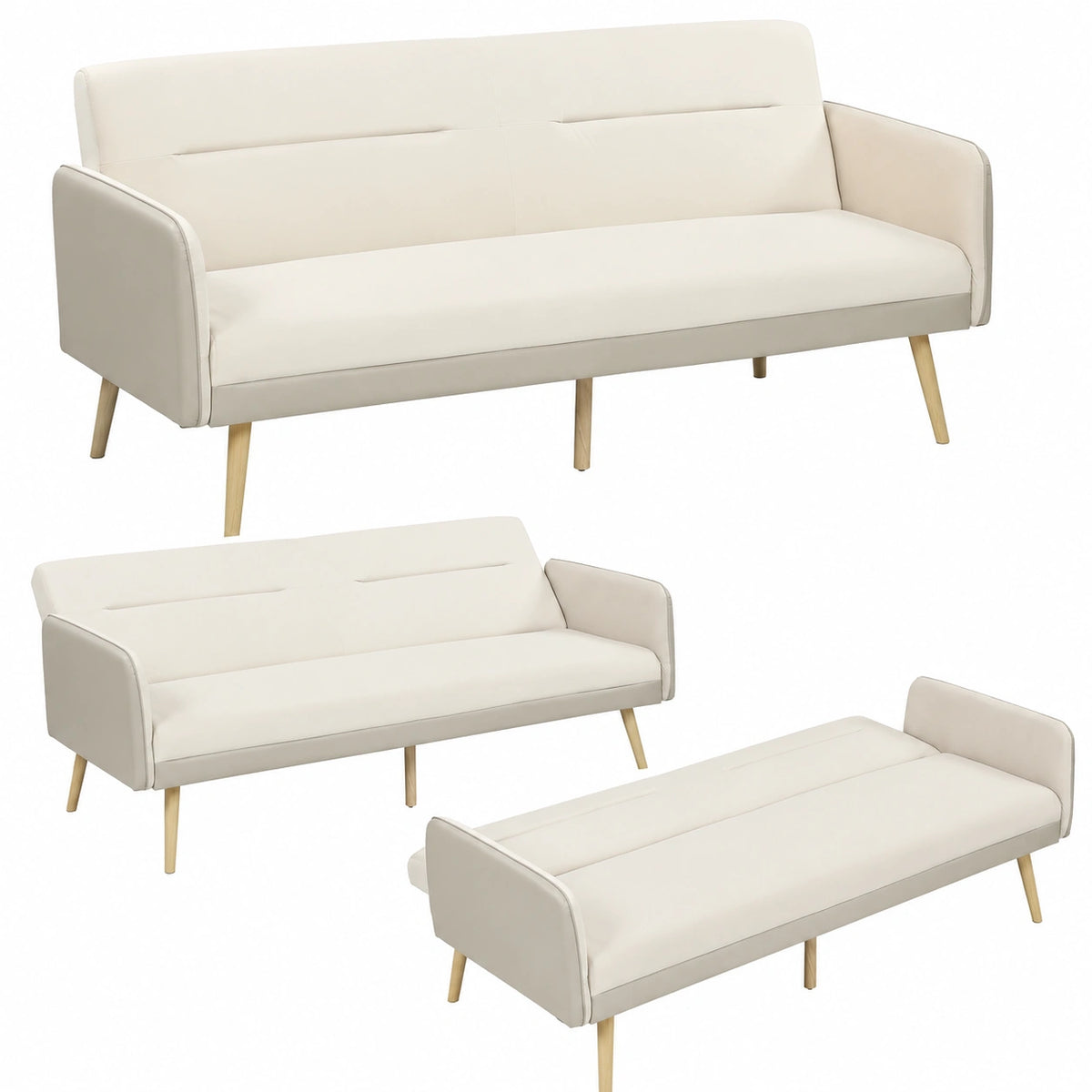 Divano Letto Convertibile 3 Posti in Velluto Beige con Struttura in Legno e Gambe in Metallo