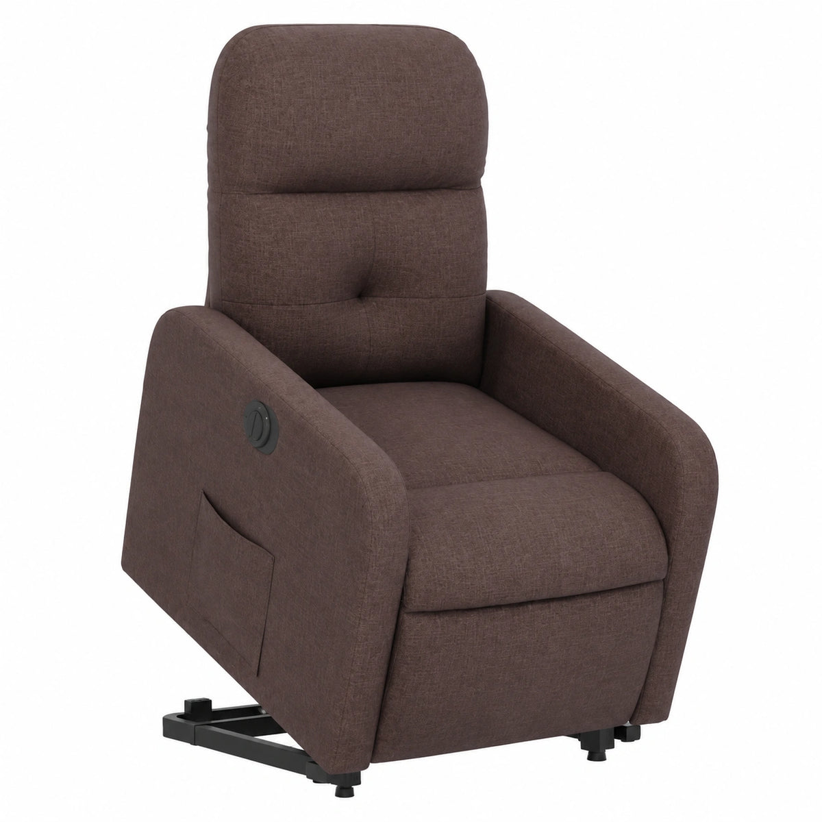 Poltrona reclinabile elettrica in tessuto marrone scuro con funzione di sollevamento, ideale per soggiorno e camera da letto