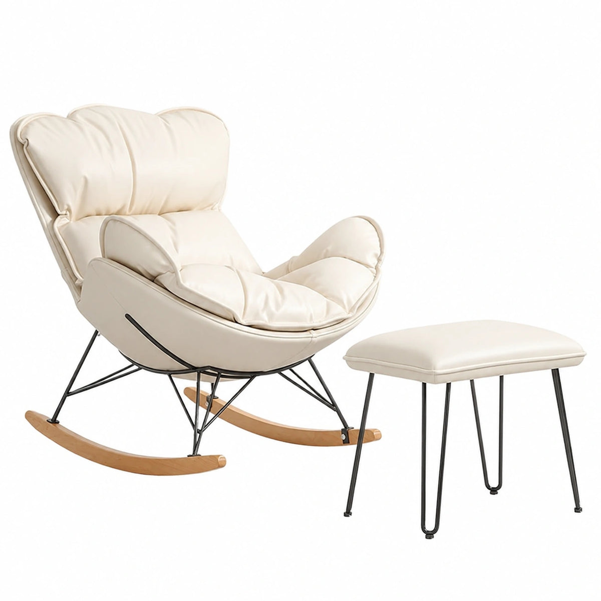 Sedia a dondolo moderna con poggiapiedi, poltrona reclinabile per relax, perfetta per balcone e salotto, color crema